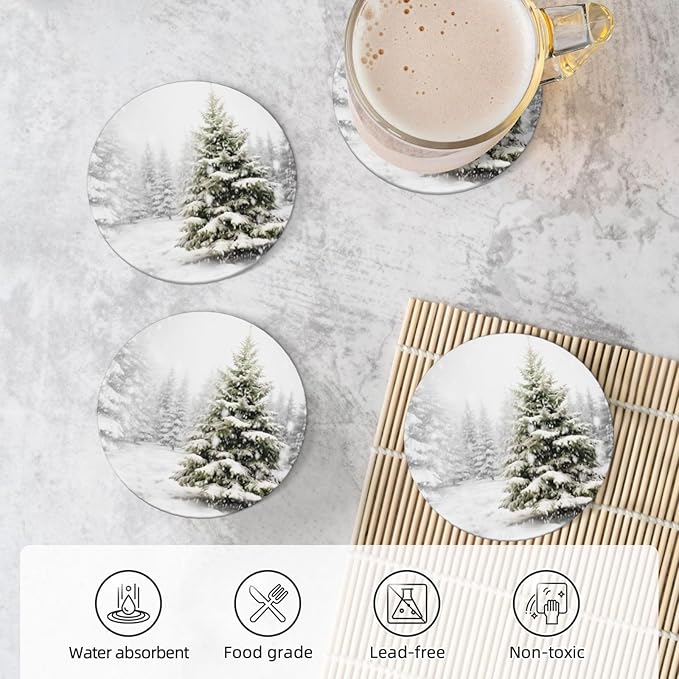 Winter Christmas Tree Pattern Coasters for Drinks Absorbent Round Ceramic Coasters Set of 4 Non-Slip Cup Coaster with Cork Base for Coffee Table Drink Home Decor Tabletop Protection
