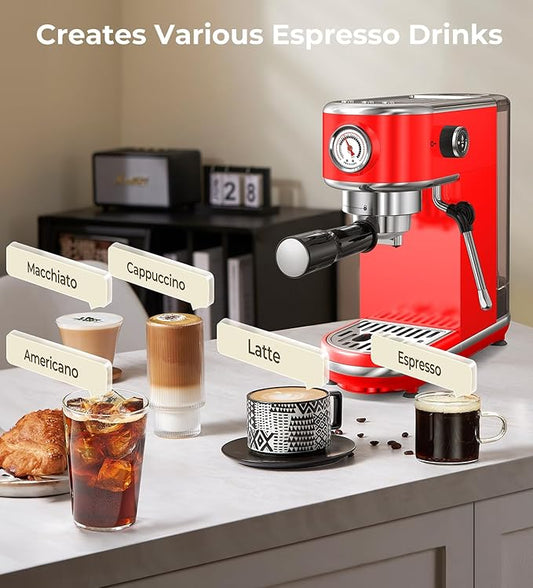 20 Bar Espresso Machine with Milk Frother, Compact Espresso Maker, Stainless Steel Coffee Machine with Precise Temp Control & 44oz Removable Water Tank for Latte, Cappuccino, Red