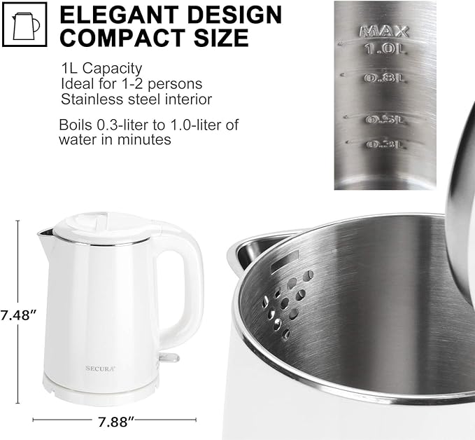 Secura Stainless Steel Double Wall Electric Kettle Water Heater for Tea Coffee w/Auto Shut-Off and Boil-Dry Protection, 1.0L (White) SWK-1001DW/HB-K012