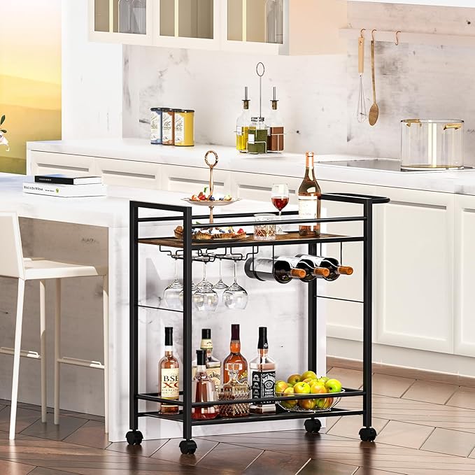 Bar Cart,Home Bar Serving Cart with Storage Shelves, 2 Tier Rolling Beverage Cart with Wheels, Modern Retro Brown Wine Cart with Wine Rack and Glass Holder for Kitchen, Dinning Room,Living Room