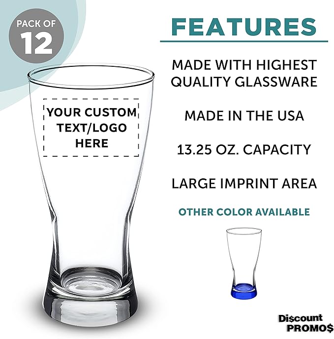 Custom Pilsner Glasses 13.25 oz. Set of 12, Personalized Bulk Pack - Made in the USA, Perfect for Hotels, Restaurants, Bars and Even Party Favors - Clear