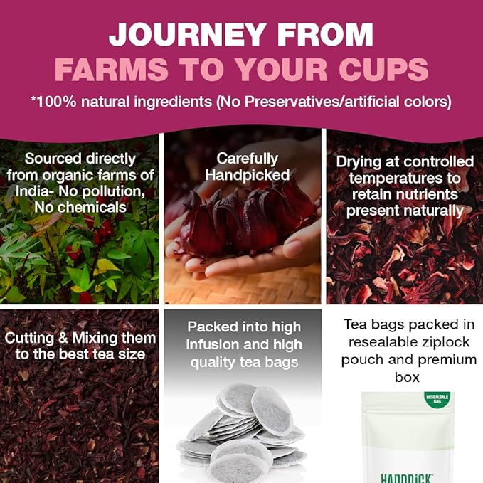 HANDPICK, Organic Hibiscus Tea Bags (100 Tea Bags) | Caffeine-Free, 100% Natural Pure Indian Hibiscus Flowers