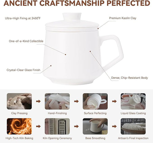 Ceramic Tea Mug with Infuser & Lid - 15.2oz Glowing Jade Porcelain Mug - Translucent Artisan Cup - Loose Leaf Tea Cup with Infuser,Insulated Ceramic Coffee Mugs with Lid, Gift for Women/Men