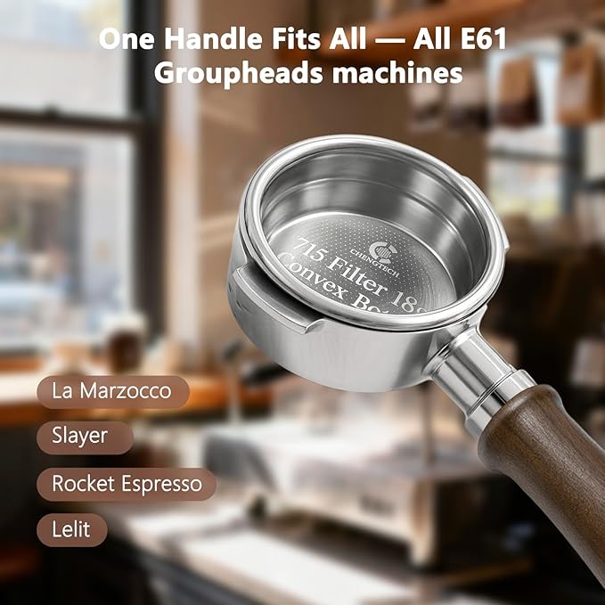 Espresso Accessories, 58mm Bottomless Portafilter with 18g Convex Filter Basket (715 Holes), Walnut Wood Handle, Compatible with La Marzocco, Slayer, Rocket Espresso, Lelit & E61 Machines