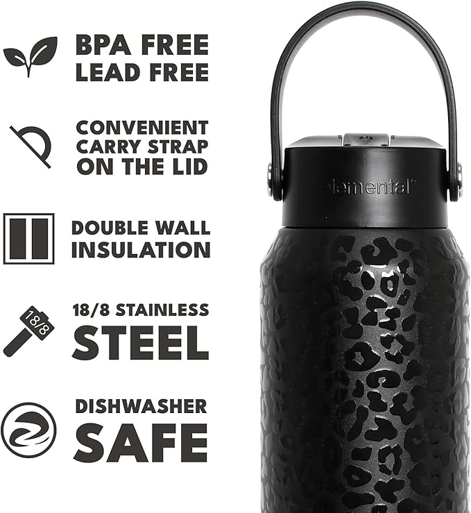 Elemental 40oz Insulated Water Bottle with Straw - 100% Leak-Proof Stainless Steel Core Water Bottles for Travel, Sports and Gym - Double Wall Insulation & BPA Free - Black Leopard