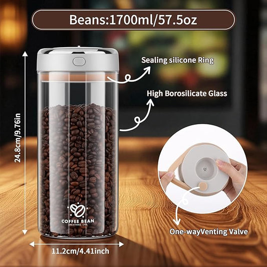 57oz Airtight Glass Coffee Canister with One-way CO2 Valve, Borosilicate Vacuum Coffee Bean Storage Canister with Date Tracker, Wide-Mouth Storage Container for Coffee Bar,Home,Kitchen