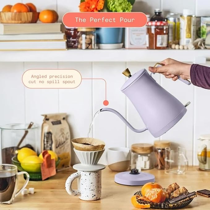 Electric Gooseneck Kettle 1 Liter 1200W, Stainless Steel, Pour Over Coffee Tea, Auto Shut-Off, 360° Cordless Power Base (Lavender)