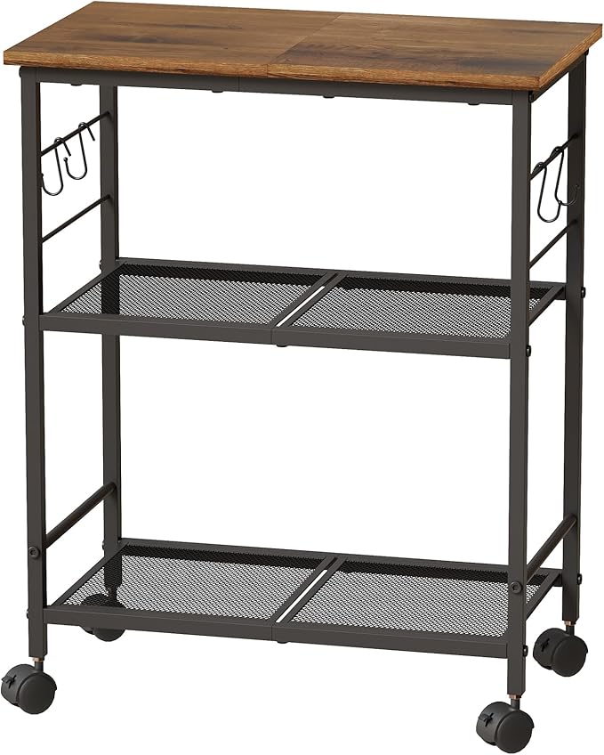 BEWISHOME Rolling Kitchen Cart 3 Tier, Microwave Kitchen Cart with Storage Function, Practical Roller Cart with 4 Locking Wheels for Kitchen, Living Room, Bathroom, Office, Bar (Brown)