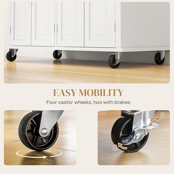 HOMCOM Kitchen Island Cart with Rubber Wood Top, Rolling Kitchen Island Table on Wheels with Drawers, Adjustable Shelves, Spice Rack and Towel Rack for Dining Room, Cream White