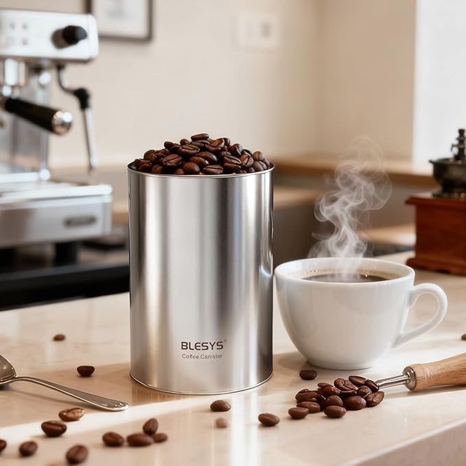 Smart Vacuum Coffee Canister, Automatic Stainless Steel Food Storage Container, LCD Monitoring, One-touch Freshness, Date Tracker, Extra-long Standby Time, holds 20oz Coffee Beans (Black, 1.8L)