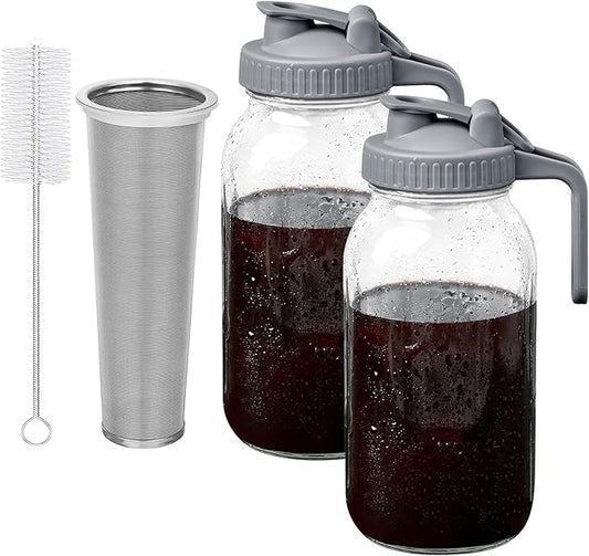 OneDream Cold Brew Coffee Maker, 2 Pack 64oz Stainless Steel Filter Cold Brew Pitcher Jar, No Leaks Cold Brew Mason Jar Coffee Maker, Easy to Clean Cold Coffee Maker