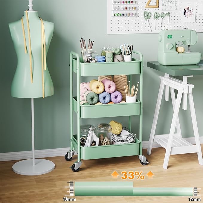 3 Tier Rolling Storage Cart Metal with Wheels, Green Baby Diaper Caddy Carts, Three Tiered Craft Cart Organizer on Wheels, Utility Roller Trolley for Art, Book, Snack, Office, Laundry, Bathroom Shelf