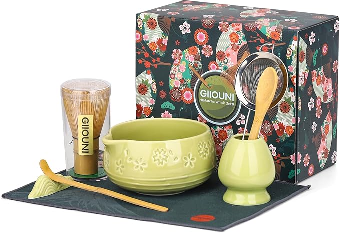Matcha Whisk Set, Ceramic Bowl with Spout, Bamboo Matcha Whisk & Spoon, Chasen Holder, Scoop Rest, Sifter, 8-Pcs Japanese Ceremony Matcha Powder Kit–Valentine's Day Gift for Women-Matcha Green