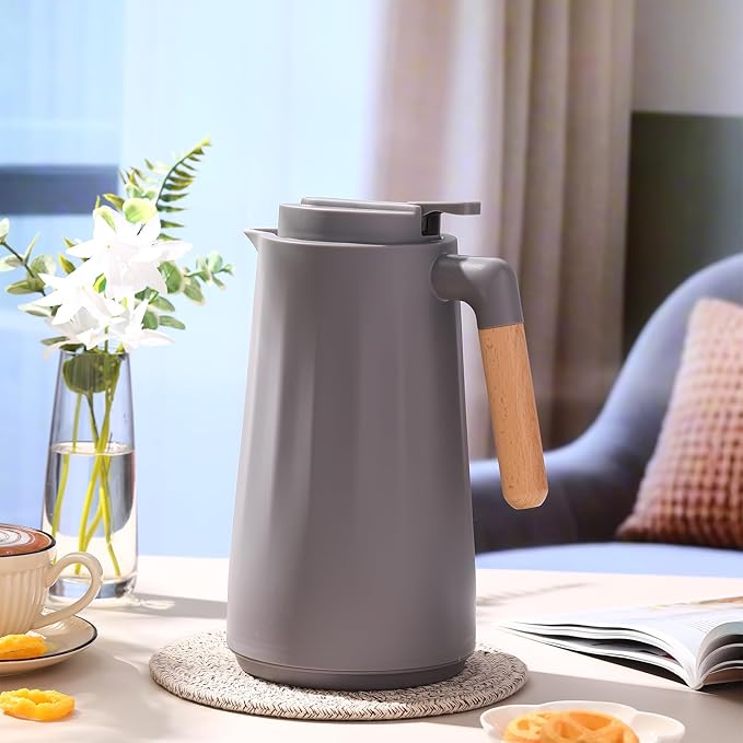 2 Pcs 34 oz Thermal Coffee Carafe for Keeping Hot/Cold Double Wall Vacuum Carafe with Insulated Glass Liner and Wood Handle Coffee Pot Container for Drinks Milk Tea Chocolates(Gray)