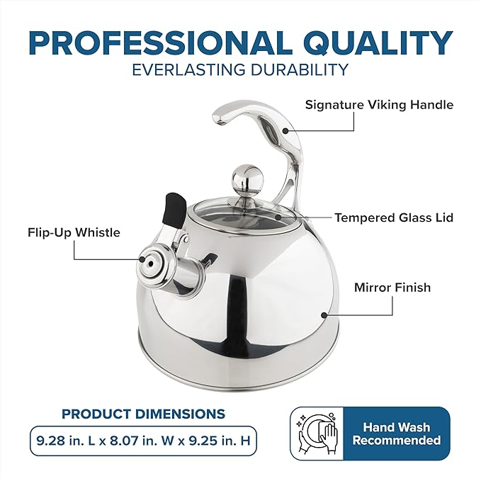 Viking 3-Ply Stainless Steel Tea Kettle, 2.6 Quart Stovetop Hot Water Pot with Tempered Glass Lid, Ergonomic Handle, Induction Ready, Mirror Finish