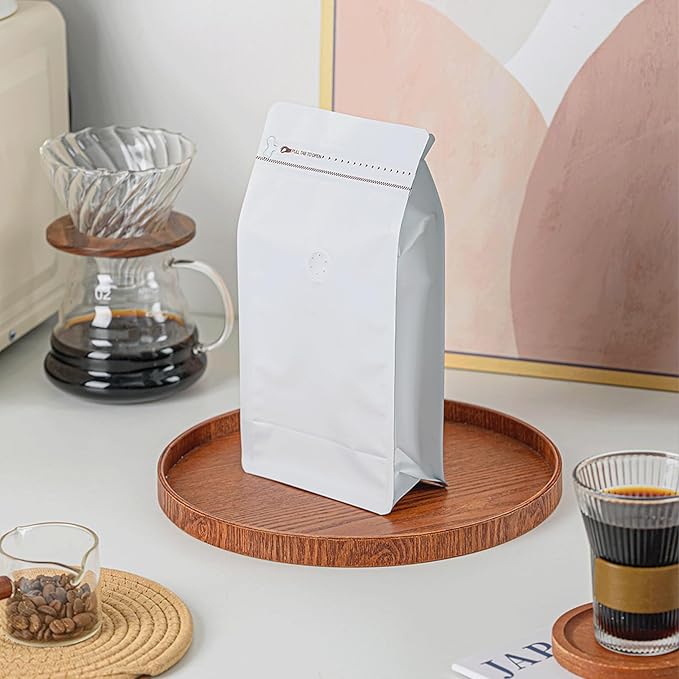 50 Pcs 1lb White Long Coffee Bean Bags with Valve, Easy Tear Open & Repeating Sealed Zipper, Heat-seal Stand Up & Flat Bottom Coffee Bag, 16oz Capacity 5.3x10.2 Inch