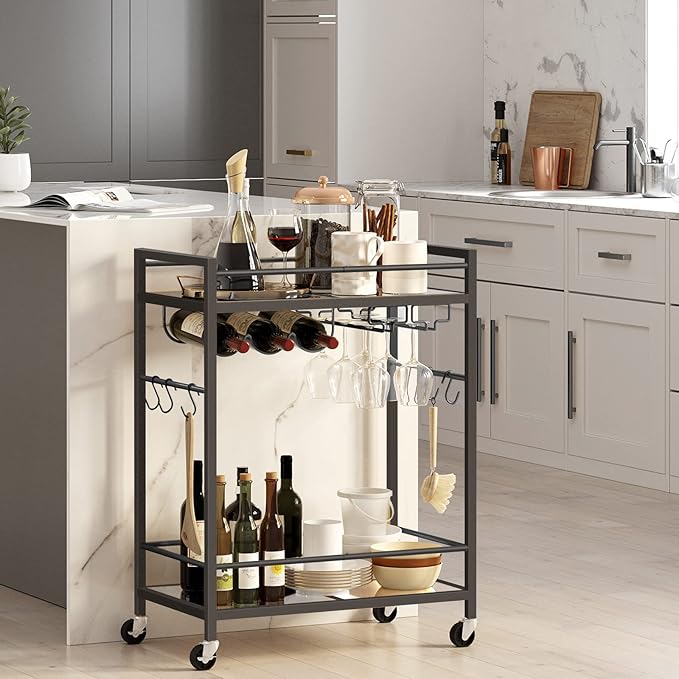 TUTOTAK Bar Cart, Serving Cart - for Home, Microwave Cart, Drink Cart, Mobile Kitchen Shelf with Wine Rack and Glass Holder, Rolling Beverage Cart, Black BC01BK031