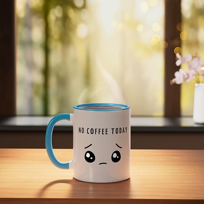 No Coffee Today - Minimalist Sad Face Caffeine Lover Ceramic Mug, Blue/White