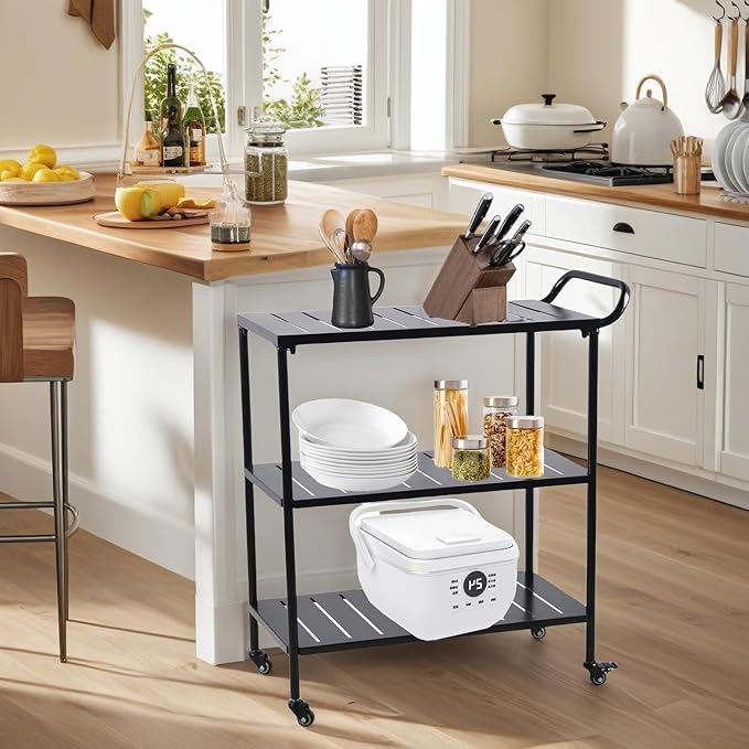 Modern Kitchen Bar Cart on Wheels Metal Rolling Serving Carts with 3 Tier for Storage Mobile Kitchen Island with Lockable Casters and Side Handle for Outdoor& Indoor -33.5 * 15.7 * 37.2inch(L*W*H)