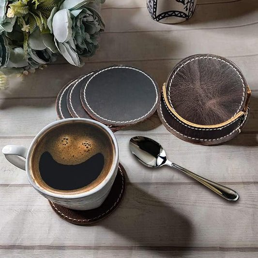 Leather Coasters for Drinks - Cup Coaster Coffee Table Kitchen Table Bar - Set of 6 with Holder for Table Top Protection - Luxurious Home Decor & Housewarming Gift