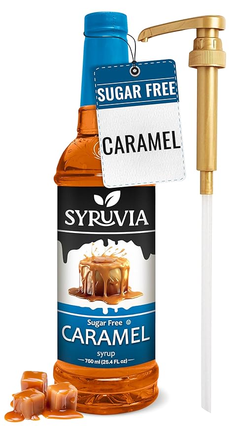 Syruvia Sugar Free Coffee Syrup, Caramel Flavored Syrup for Drinks, Lattes, and Desserts – 25.4 fl oz, With Pump