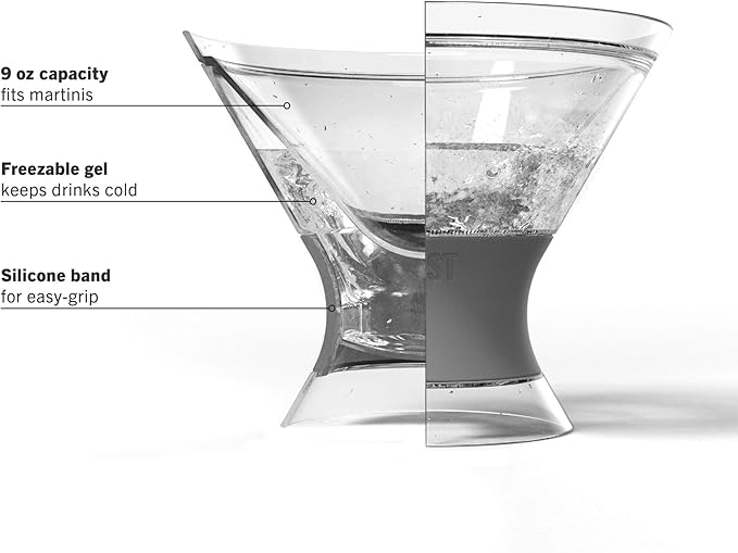 Host Freeze Insulated Martini Glasses Set of 4, Plastic Freezer Gel Chiller Double Wall Stemless Coupe and Cocktail Glass, 9 oz, Grey