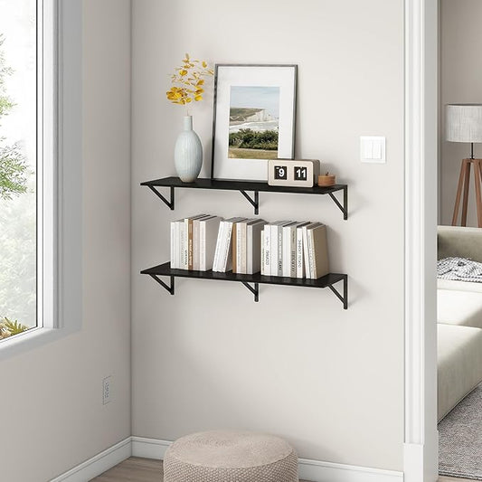 36"W x 12"D Floating Shelves, Black Deep Floating Shelves for Wall with Brackets, 12 Inch Deep Wall Shelves for Books, Wide Display Storage Shelves for Bathroom, Living Room, 36 Inch Long, Set of 2