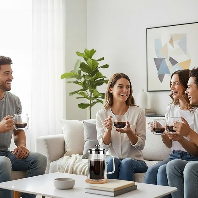 Glass Coffee Mugs Set Of 4, 10oz Double Walled Insulated Glass Mugs with Handle and Coaster, Heat Resistant Borosilicate Clear Glass Cups for Espresso Latte Cappuccino, Tea Bag, Beverage