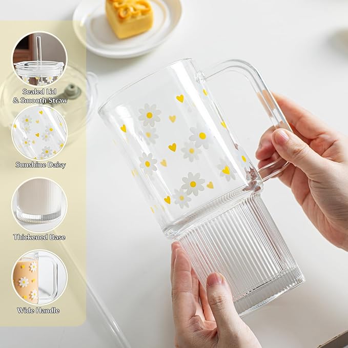 INSETLAN Daisy Glass Cups for Women, 26oz Clear Glass Tumbler with Lid and Straw, Customizable Aesthetic Flower Mug for Birthday, Mother’s Day, Christmas, Girl Gifts