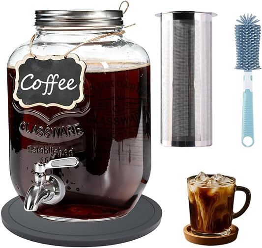Cold Brew Coffee Maker With Silicone Mat, Cold Brew Pitcher,1 Gallon Glass Pitcher With Stainless Steel Filter,304 Stainless Steel Leak-Proof Spigot,Large Iced Coffee Maker for Home, Easy to Use