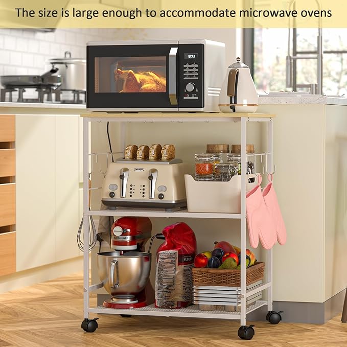 Rolling Kitchen Microwave Cart, 3 Tier Microwave Table Stand with Storage, Kitchen Utility Cart on Lockable Wheels, Small Coffee Station Shelf Rack Organizer for Living Room Office, Balcony