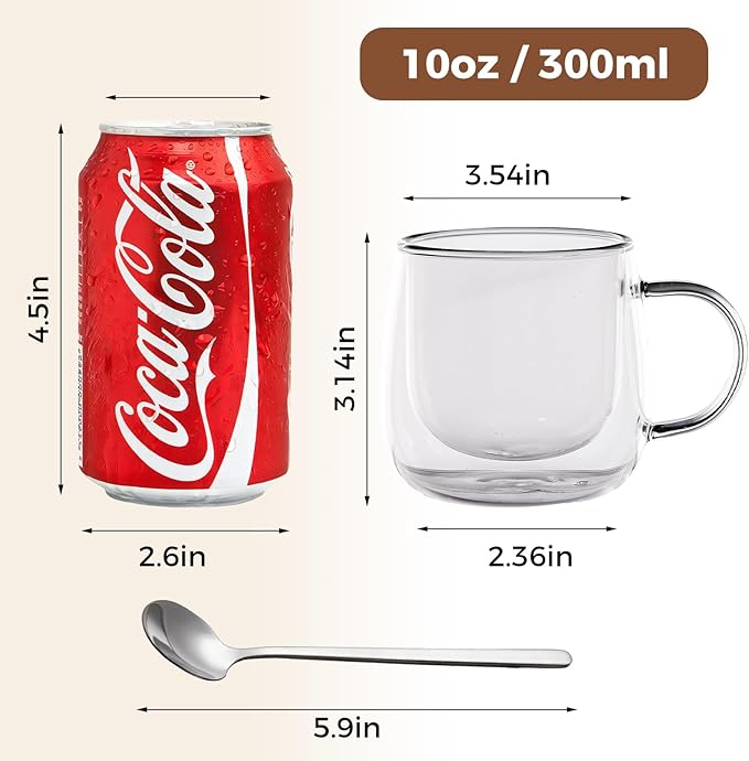 Double Wall Insulated Latte Glasses 10oz with Handle - Set of 2, Clear Glass Mugs for Cappuccino, Espresso, Tea & Hot Drinks