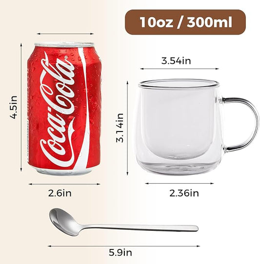 Double Wall Insulated Latte Glasses 10oz with Handle - Set of 2, Clear Glass Mugs for Cappuccino, Espresso, Tea & Hot Drinks