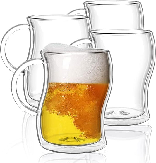 BTaT- Double-Walled Beer Mugs, 16 oz, 4 Pack, Double-Walled Glass with Handle, Insulated Beer Glasses, Drinking Glasses for Bar, Beverages, Alcohol, Water