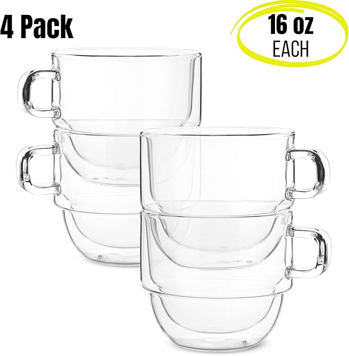 BTaT- Double Walled Stackable Glass Coffee Mugs, 16 oz, Set of 4, Glass Coffee Cups with Handle, Insulated Clear Coffee Mug for Hot and Cold Beverages, Cappuccino, Latte, Tea, Americano