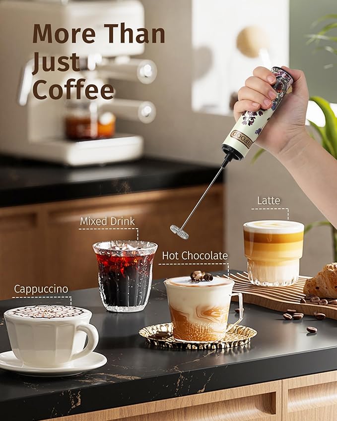 INFOOD Milk Frother Rechargeable with Cover - Coffee Frother Wand, Drink Mixer Handheld with 2 Detachable Stainless Whisks 2 Speed Adjustable for Latte, Cappuccino, Hot Chocolate, Egg, Vintage Floral