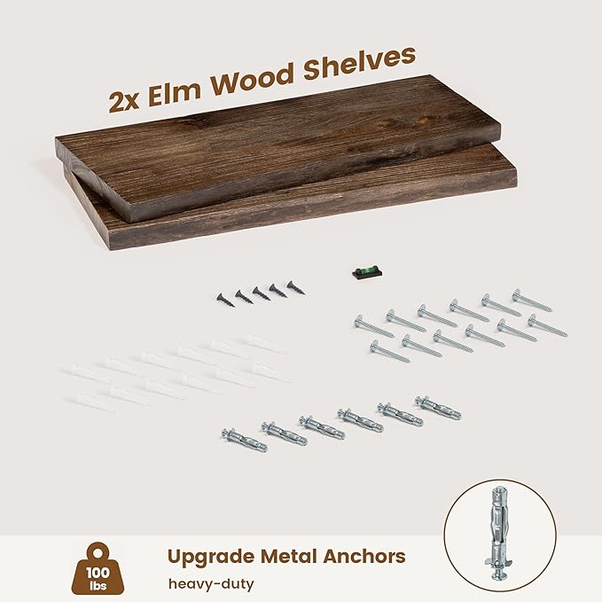 Reclaimed Elm Wood Floating Shelves for Wall, Live Edge 24"W x 9.2"D x 1.4"H, Set of 2 with Invisible Bracket, Wall Mounted Shelves for Living Room Bedroom Kitchen Bathroom Decor, Walnut Finish