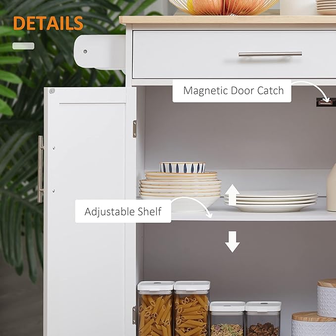 HOMCOM Kitchen Island Cart, Rolling Island Table with Solid Wood Top, Trolley Cart with Drawer, Storage Cabinet & Towel Rack, White