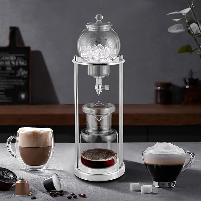 Iced Coffee Cold Brew Drip Tower Coffee Maker, Wooden Ice Coffee Machine, Stainless Steel and Borosilicate Glass, Long Neck Sharing Pot, with Measuring Spoon (Silver)