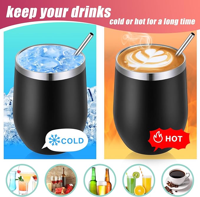 16 Pack Stainless Steel Wine Tumblers 12 oz Insulated Vacuum Wine Cup Set Double Wall Stainless Steel Stemless Mug Glasses for Coffee Soda Whiskey Outdoor Travel (Black)
