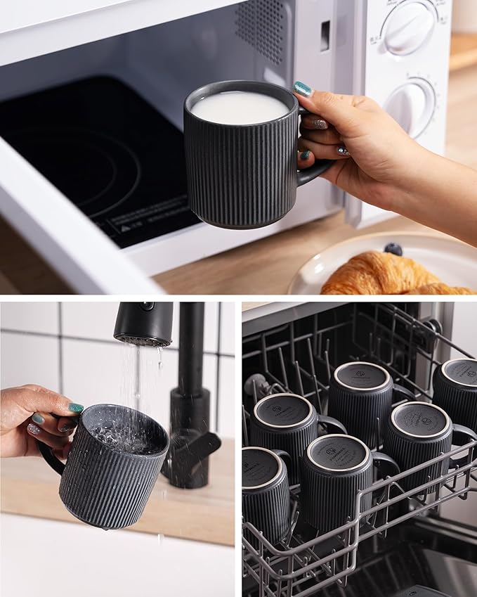 famiware Coffee Mug Set for 8, Star 12 oz Catering Mugs Cup Set with Handle for Coffee, Tea, Cocoa, Milk - Ceramic Stoneware Drinkware Set, Matte Dark Charcoal