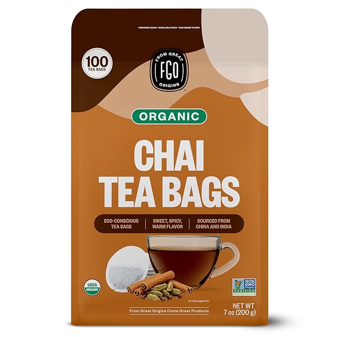 FGO Organic Chai Tea, 100 Count, Eco-Conscious Tea Bags, Resealable Bag, Packaging May Vary (Pack of 1)