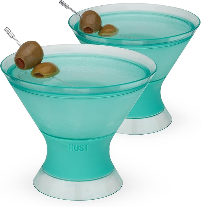 HOST Freeze Insulated Martini Cooling Cups, Plastic Freezer Gel Chiller Double Wall Stemless Cocktail Glass Set of 2 9oz, Tinted Aqua Blue, Green
