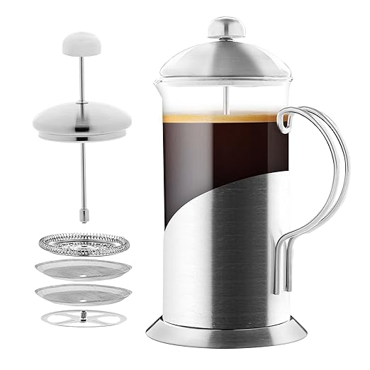 OVENTE French Press Coffee Maker 20 Ounce with Heat Resistant Borosilicate Glass, Stainless Steel Design and 4-Level Filter System, Portable Cold Brewer Pot for Travel, Camping or Gift, Silver FSL20S