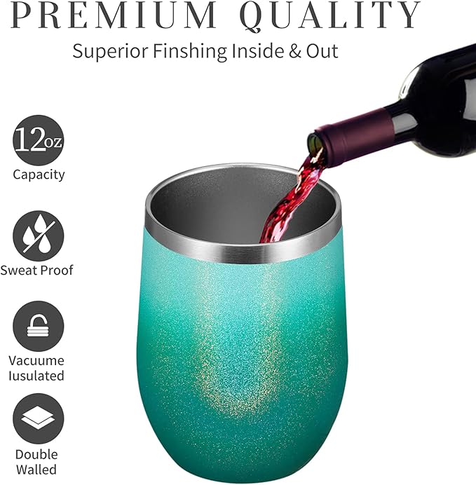 MEWAY Stemless 12oz Wine Tumbler Glasses with Lid -Insulated Double Wall Vacuum Stainless Steel Glitter Tumbler with Straw,for Woman Under 10 dollars(Gradient Blue,1)