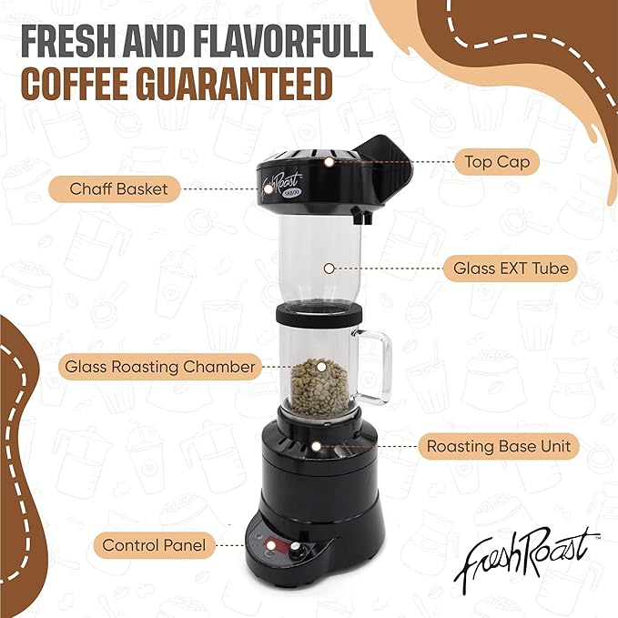 Fresh Roast Coffee Roaster Bundle SR800, Glass Extension Tube, Pour Over Digital Scale, (4lbs) Sample Pack of Green Beans, (2-Pack) Sample Trays, Chaff Brush