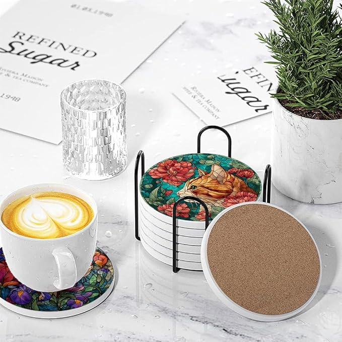 LOKMU Coasters for Drinks,Round Absorbent Ceramic Stone Coaster Sets of 6 with Metal Holder Stand,Stained Glass Cat and Flowers Coasters with Cork Base for Coffee Wooden Table,Housewarming Gifts