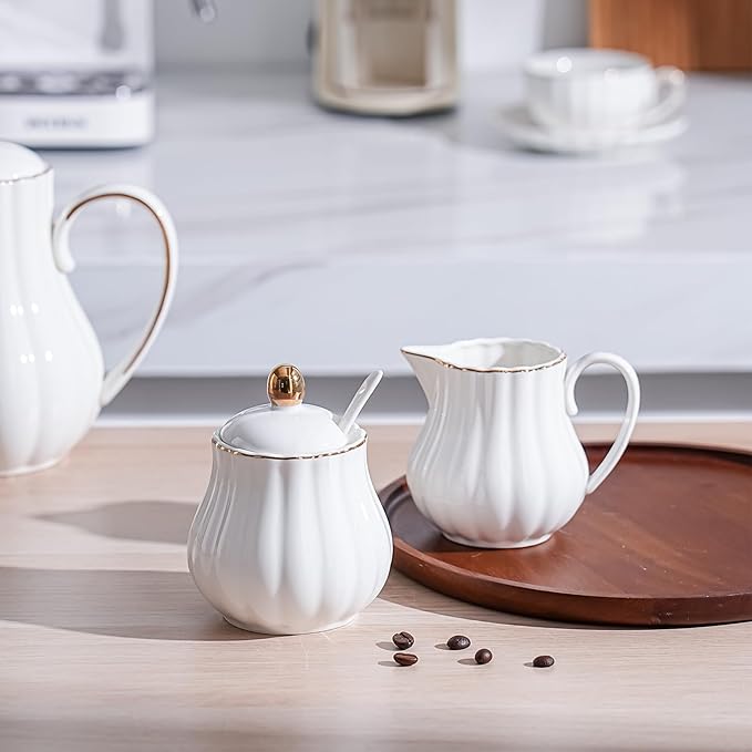 Ceramic Sugar and Creamer Set, 3 Piece Set with Cream Pitcher, Sugar Bowl, Spoon (White)