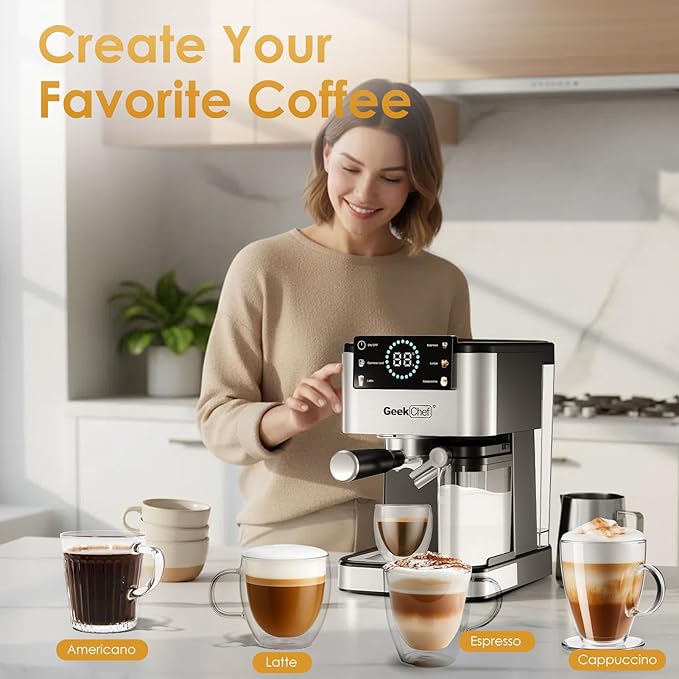 Geek Chef Espresso Machine with Automatic Milk Frother, 20 Bar Coffee & Espresso Maker, Cappuccino/Latte/Iced Coffee Machine, TouchScreen, ESE POD, Instant Heating for Home Barista