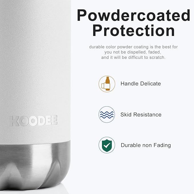 koodee Water Bottle-17 oz Stainless Steel Double Wall Vacuum Insulated Water Bottle for Back to School, Cola Shape Leak Proof Sports Bottle for School(White)